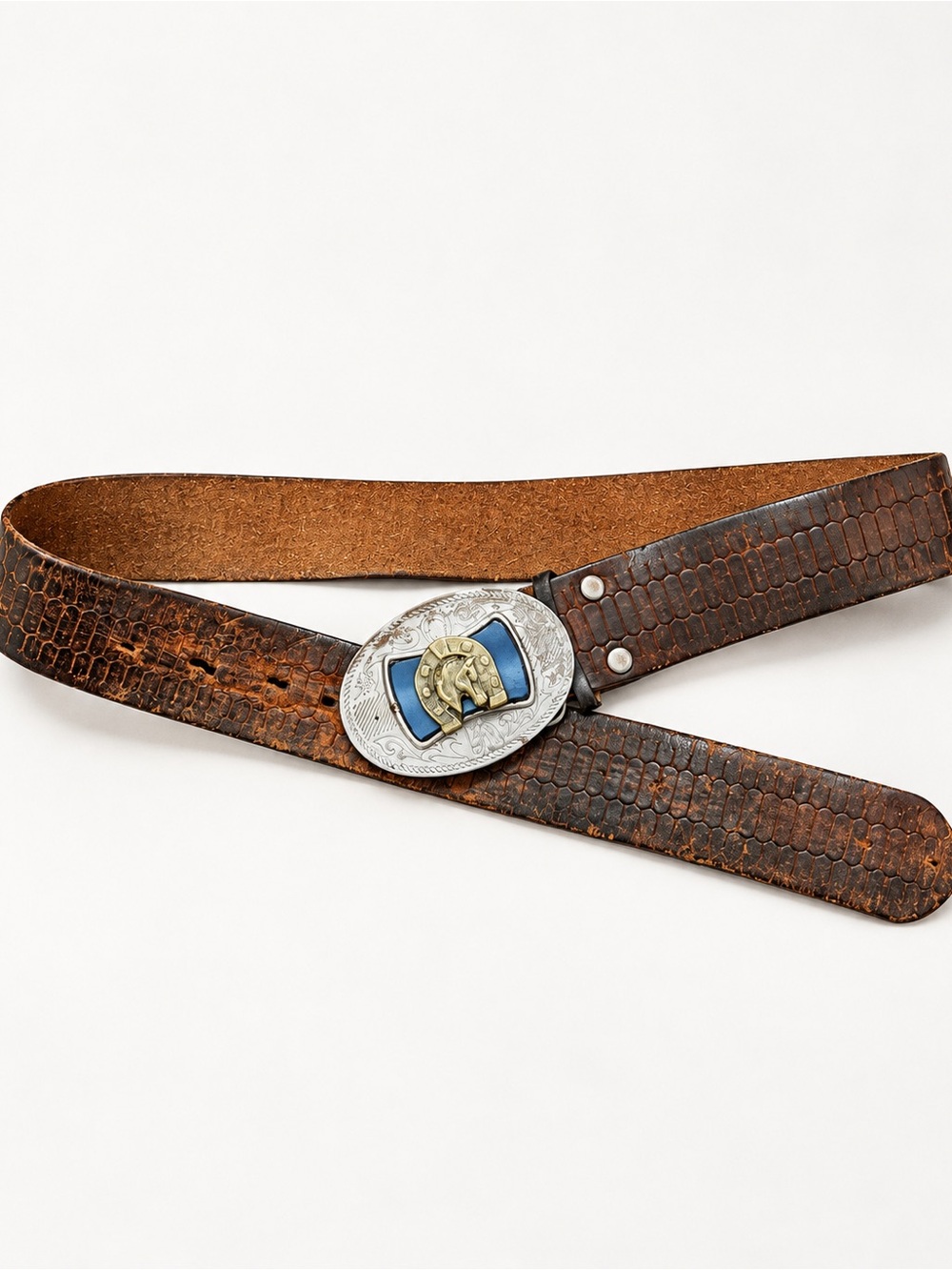 Vintage Western Brown Leather Belt with Horse Buckle Cowboy Rodeo Southwestern